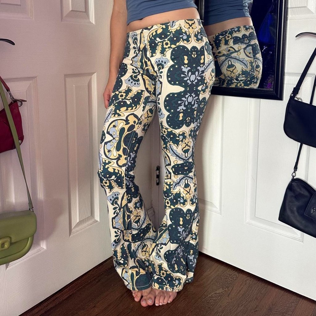 Vintage Free People Floral Blue Cream Flare Pants
